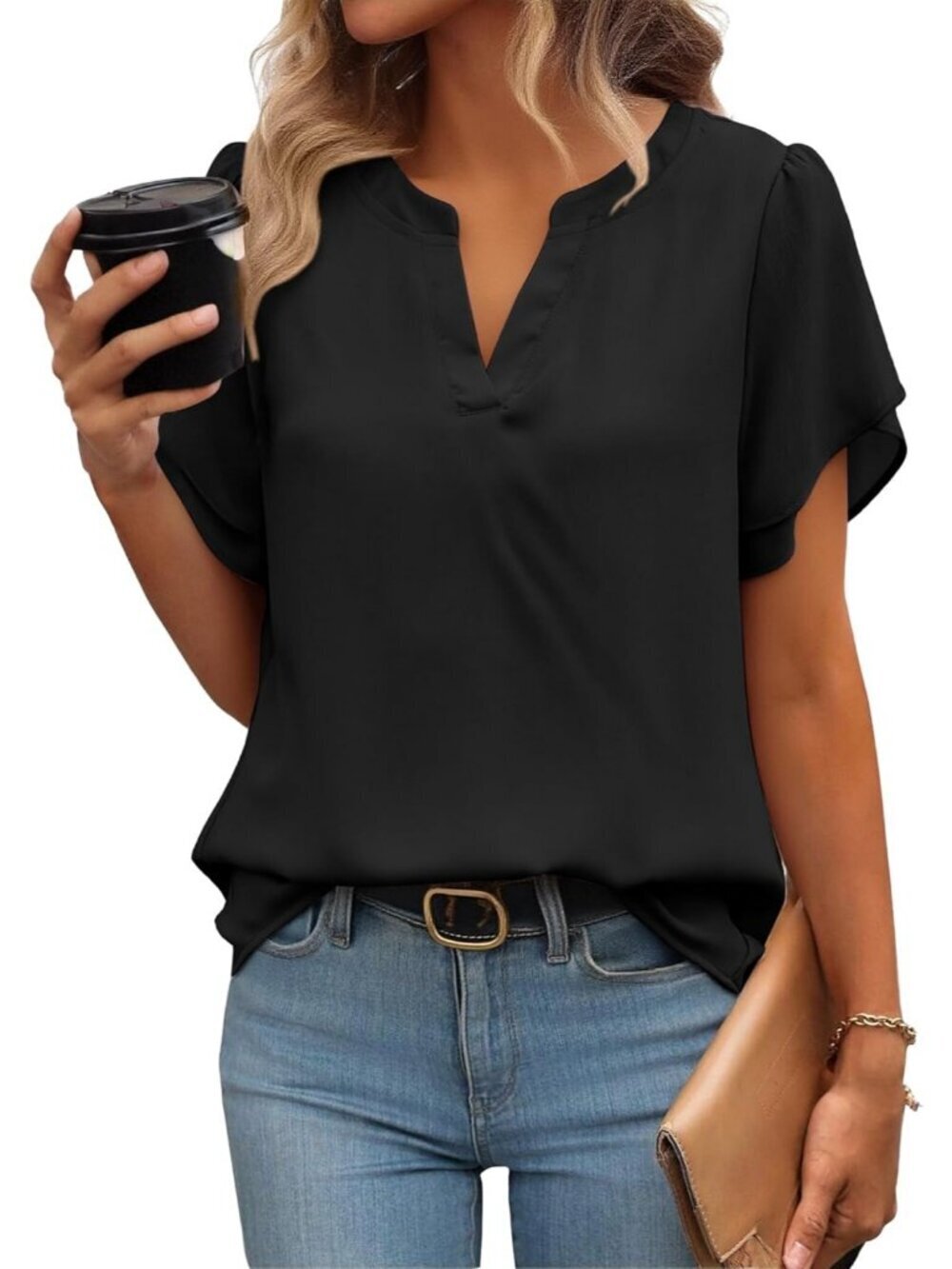 Women's Dressy Casual Shirts Short Sleeve V Neck Work Blouse Chiffon Top Black - Picture 3 of 6